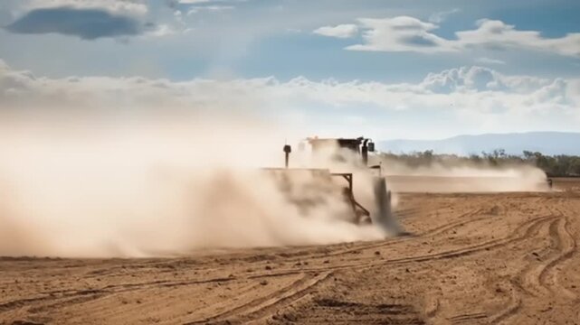Large truck driving on dusty dirt road.