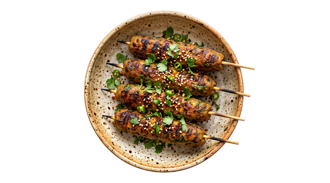 soya chaap seekh kebab skewers garnished with toasted sesame seeds, chopped green chilies, and fresh coriander served in a speckled ceramic bowl