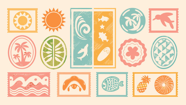 Tropical themed postage stamp collection featuring suns fish palm trees and floral ornaments in a retro style