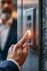 Naklejka premium Businessman hand pressing number 6 elevator button