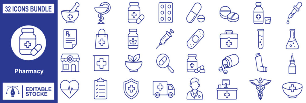 Set of 32 Pharmacy Outline Vector Icons Bundle | Medicine, Healthcare, Medical Equipment, Drugstore Line Icon Collection