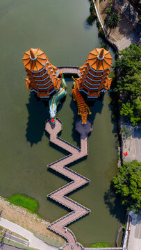Aerial view of Dragon and Tiger Pagodas at Lotus Pond