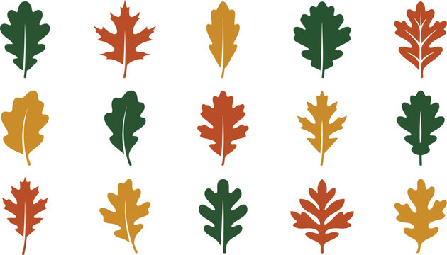 Set of colorful autumn leaves icons in various shapes for fall season design elements