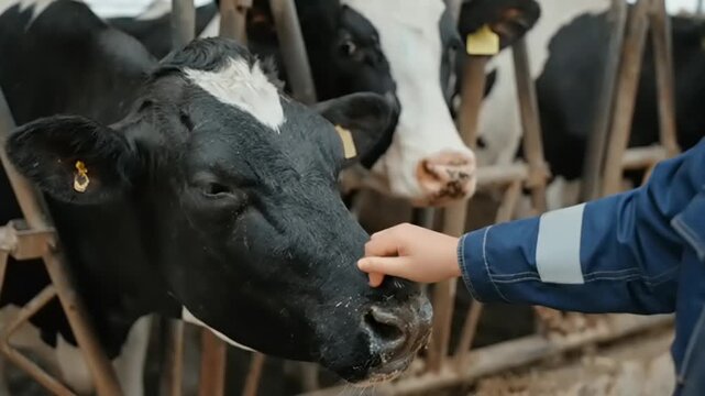 person feeding a black and white cow.