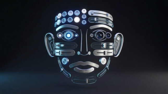 Conceptual Android Face Built from Audio Mixers and Control Knobs