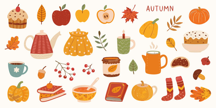 Autumn themed vector illustration with apples pumpkins and seasonal objects