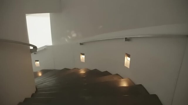 a dimly lit staircase with wall lights.