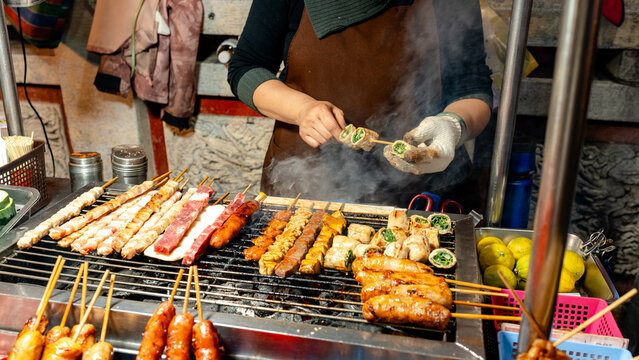 Skewers grilling at Shilin Night Market, Taipei