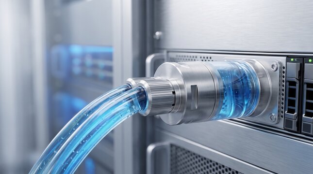AI-generated illustration of a liquid cooling connection for enterprise rack servers in a modern data center, high-performance computing, cloud infrastructure, advanced thermal management, and cyberse
