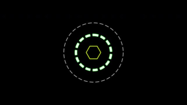 Neon target interface hud motion graphics with rotating hexagon and dashed circles on black background.