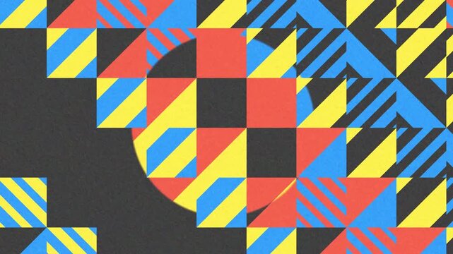 Abstract geometric background with sharp diagonal stripes and colorful square patterns shifting dynamically in a modern tactile brutalism layout