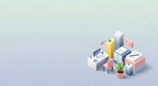 Isometric illustration of a modern home office workspace with desk and chair