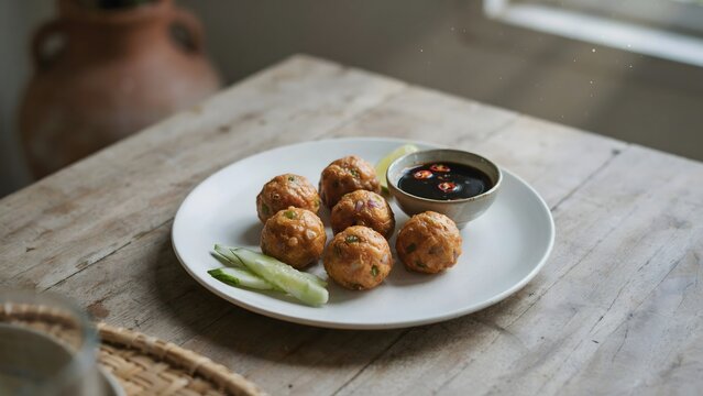 Thai fish balls with chili sauce and cucumber on white plate
