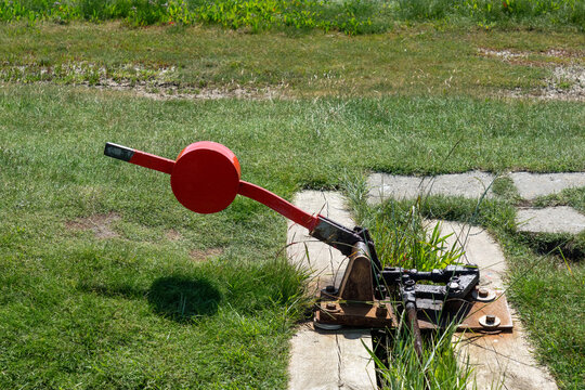 Railway switch lever on grass at Langene&szlig; Hallig island