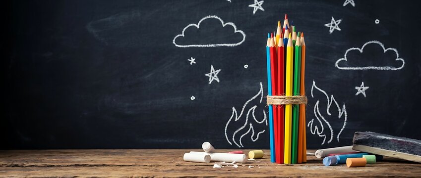 Brightly colored pencils tied with twine in front of chalkboard rocket drawing with clouds and stars on rustic wooden desk with chalk pieces and erasers creative school learning.