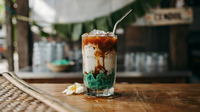 Iced es cendol dessert with palm sugar and coconut milk in glass