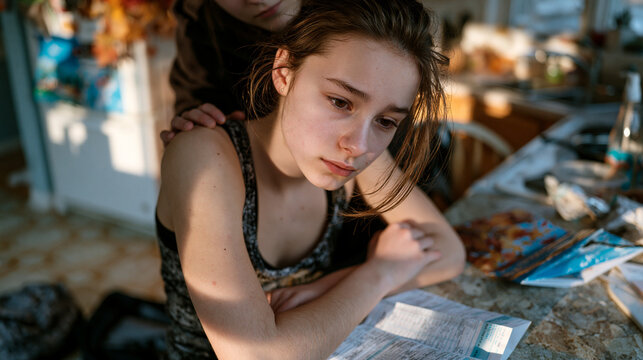 Middle schooler staring at folded report card on kitchen counter, school backpack dropped on floor beside it, parent's hand visible resting on shoulder from behind, autumn afternoon shadows across l