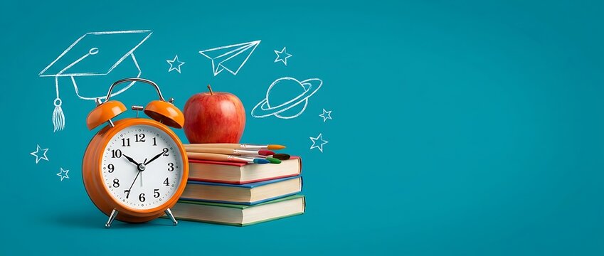 Chalkboard rocket launch with colorful pencils on wooden desk back to school concept chalkboard drawing rocket ship stars clouds and scattered chalk dust on rustic table surface education theme.