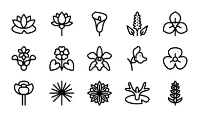 Fototapeta premium Minimalist Floral Line Icons, 15 Black Outline Flower Vector Graphics for Nature Designs