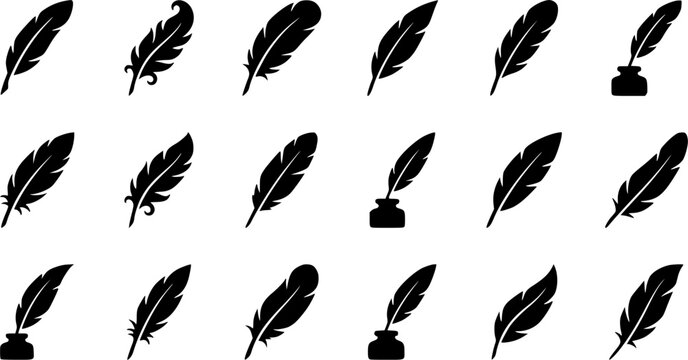 Feather & Quill silhouette icon set, flat black glyph style, pure white background