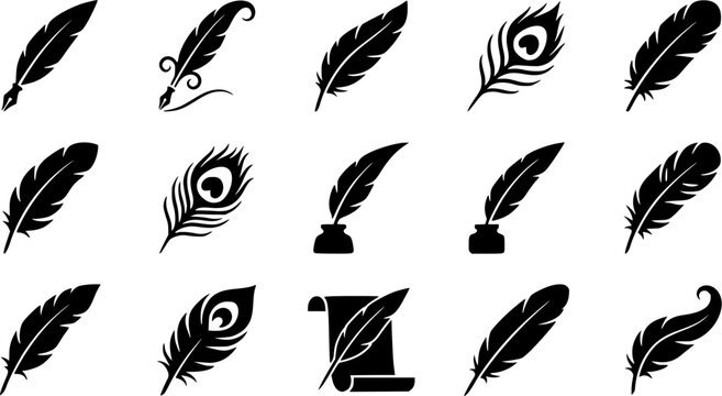 Feather & Quill silhouette icon set, flat black glyph style, pure white background