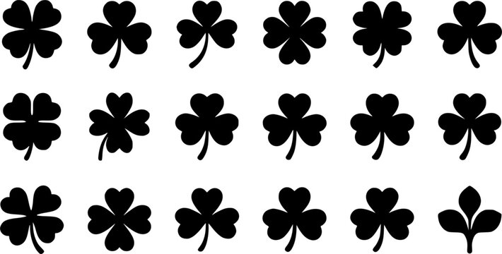 Clover & Lucky Leaf silhouette icon set, flat black glyph style, pure white background