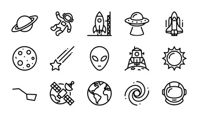 Space and Astronomy Line Icons, Cosmic Exploration Vector Set, Universe and Galaxy Symbols © Riyad