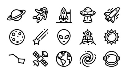 Space Exploration Vector Icons, Astronaut and Rocket Ship, Celestial Bodies and UFO, Galaxy and Planet Earth, 15 Line Art Icons © Riyad