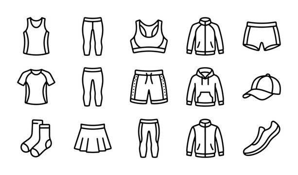 Sportswear and Activewear Outline Icons, Athletic Apparel Vector Collection, Fitness Clothing Set for Gym and Workout