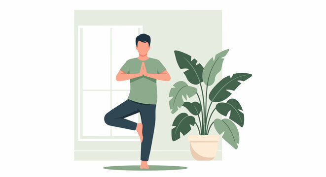 Young Man Practicing Yoga Tree Pose at Home Vector Illustration for Wellness and Mindfulness Concept