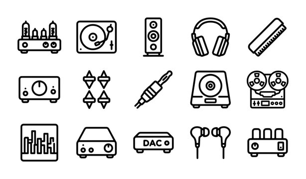 Audio Equipment Vector Icons, Music Devices Collection, Sound System Elements, Hi-Fi Technology