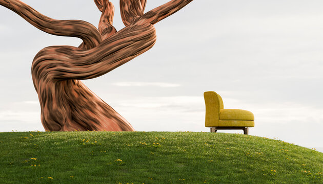 Solitary chair under twisting tree in grassy field