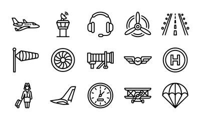Aviation Line Icons, 15 Vector Aircraft & Airport Symbols, Flight and Travel Pictograms © Riyad