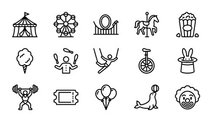 Circus Entertainment Icons, Funfair Carnival Amusement Park Vector Set, Festival Show Elements © Rana