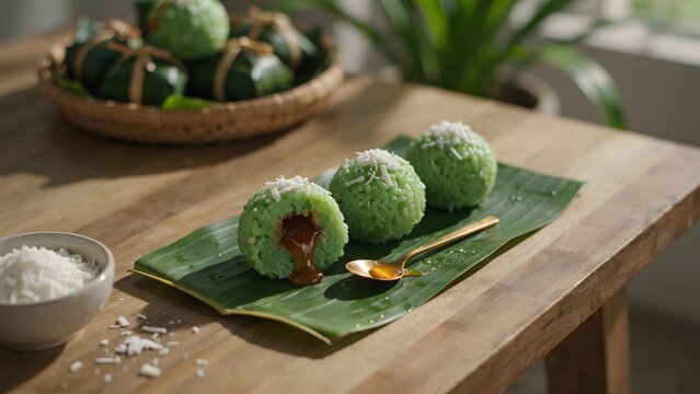 Close up of vibrant green pandan kue lapis with gula melaka traditional southeast asian dessert