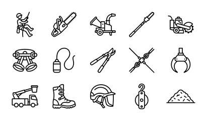 Arborist Tools Vector Icon Set, Tree Care Equipment, Forestry Work Supplies, Landscaping Service Icons © Rana