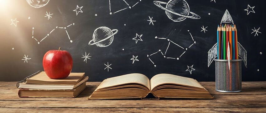 open textbook on wooden table with apple and books stacked in front of blackboard with chalk drawings of rocket and constellations knowledge and learning concept.