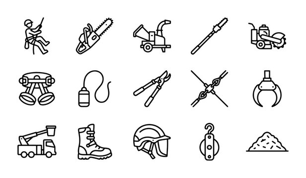 Arborist Tools Vector Icon Set, Tree Care Equipment, Forestry Work Supplies, Landscaping Service Icons