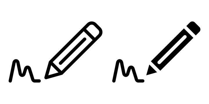 Pencil signature and edit icon set with writing line in outline and solid styles vector
