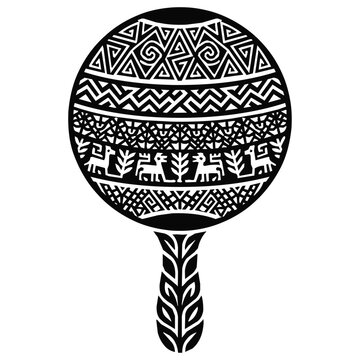 Decorative Tribal Maraca Shaker Percussion Instrument with Intricate Pattern and Indigenous Andean Folk Art Style Silhouette