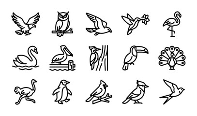 Obraz premium Bird Icons, diverse avian species, outline vector set, animal wildlife collection, nature graphics
