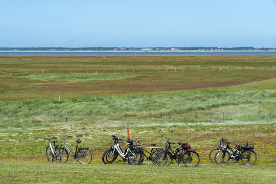 Parked bicycles in the salt marshes of Hallig Langene&szlig;, Germany