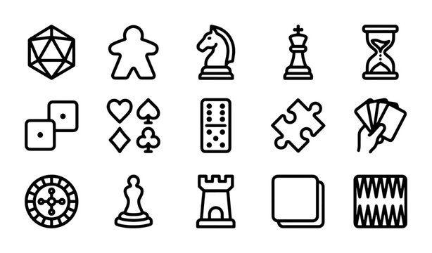 Board Game Icons, tabletop gaming elements, strategy game vector set, casino and card game symbols