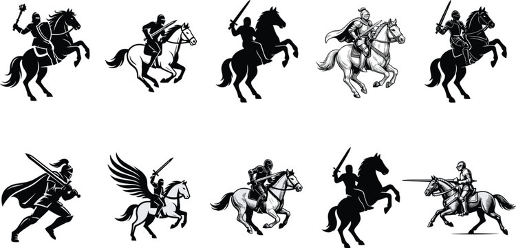 Medieval knight on horse silhouette and outline vector illustrations set featuring armored warriors with swords mace and pegasus for vintage heraldic design elements