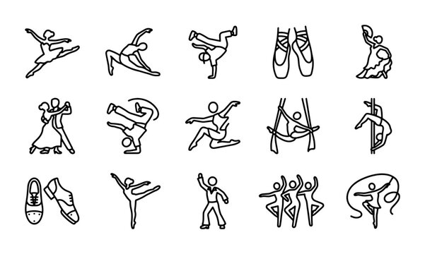 Dynamic dance styles vector icon set, featuring ballet, hip-hop, ballroom, and contemporary movements. Versatile black and white line art collection for fitness, performance