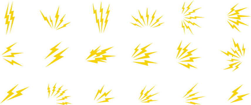 Thunderbolt shock cartoon icons. Yellow lightning burst, shouting, noise and loud sound symbols. Energetic comic electric flashes for action, power, speed, and danger effects. vector illustration eps