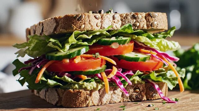 Fresh vegetable sandwich on whole grain bread with seeds