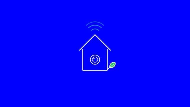 Smart home security camera icon with wireless signal animation features a minimalist white line design against a vibrant blue background