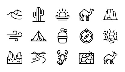 Desert landscape line art icon set, 15 minimalist black and white vector icons for arid environment themes, travel, and adventure designs. Sand dunes, cactus, sun, camel, mountains, wind, tent © Tanvir