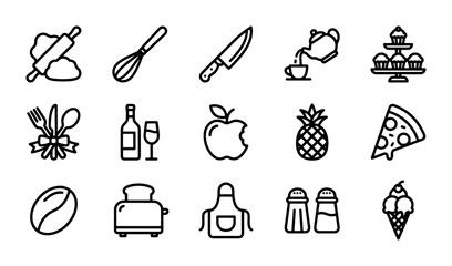 Fototapeta premium Cooking and Food Icons, Kitchen Utensils, Culinary Delights, Restaurant Menu Vector Set